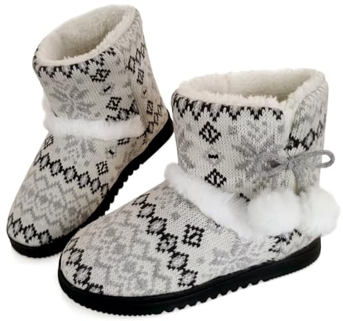 CHDDHX Hüttenschuhe Damen Hausstiefel Winter Plüsch Gefüttert Hausschuhe Hohe Warm Feste Sohle Pantoffeln für Frauen Grau 39 40