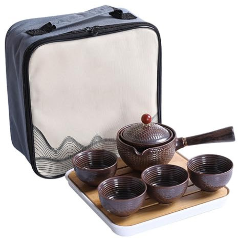 ZORZA Japonais Traditionnel Théière en Ceramics avec Tasses à thé, Chinois en Service à Thé Portable Kung Fu,avec Filtre en Maille,pour Amateur de Thé pour Adultes,008