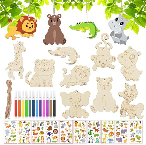 49 Stück Holztiere Set Bemalte Tiere Anhänger Holz Basteln Kinder inkl. 10 Tier-Aufkleber & 12 Buntstifte DIY Bastelset für Kinder, Deko für Kinderzimmer, Geburtstagsgeschenk (9 Designs je 3 Stück)