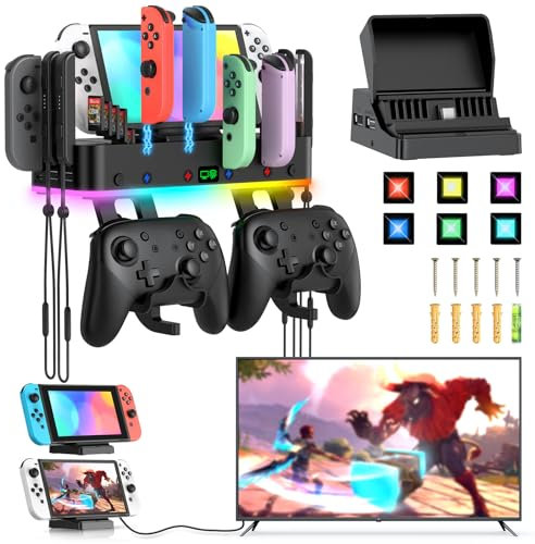 RGB Switch TV Dock Station & Wandhalterung für Nintendo Switch/OLED & Joycon, LED Ladestation für Switch Controller und Konsole，mit 4 USB-Anschlüssen, Switch-Organizer für 10 Kartenfächer, 2 Haken