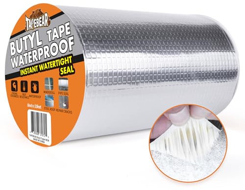 TAPEBEAR 200mm x 10m Butyl Tape Waterproof Sealant Tape, Aluminum Foil Duct Sealing Tape for RV Roof Repair, Boat and Pipe Sealing, Silicone, Glass & EDPM Roof Leak Patching, Silver