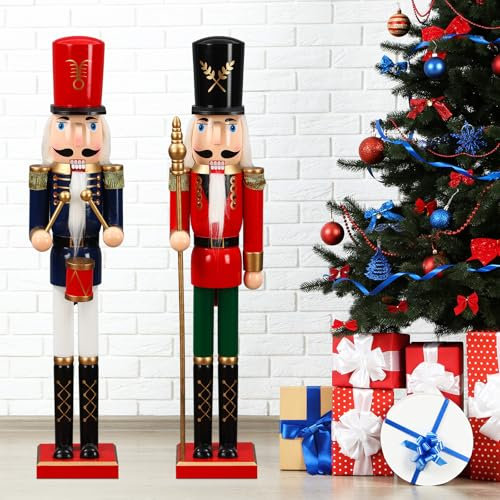 DoubleFill 2 Pcs 32 Inch Large Christmas Nutcracker Outdoor Decoration Giant Xmas Wooden Nutcracker Figures Yard Sign Collectible for Porch Fireplace Indoor Outdoor Decorations(Knight)