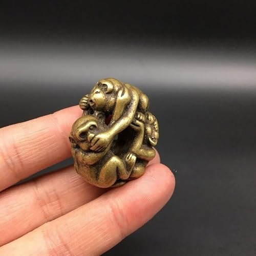 HiyyFloy Statue De Singe De Fortune À Collectionner en Laiton Chinois Sculpté, Animal du Zodiaque, Trois Singes Jouant des Acrobaties, Petite Statue Exquise