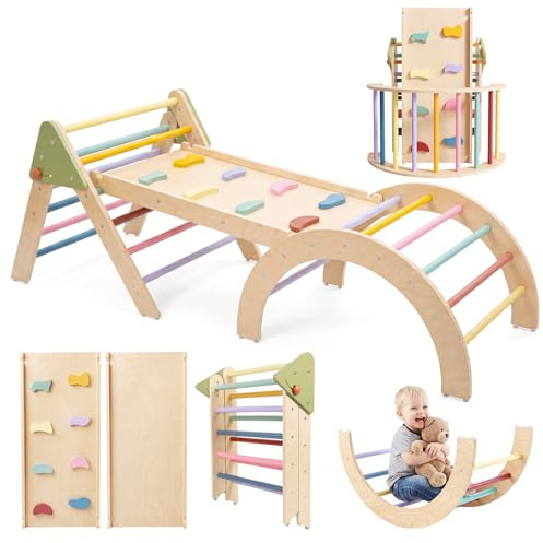 Pikler - Juego de triángulos Montessori 7 en 1, juguetes de escalada plegables para niños pequeños de 1 a 3 años en el interior, juego de escalada triangular de madera con arco, rampa y escalera,