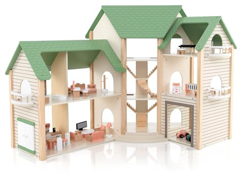 COSTWAY Puppenhaus Holz, Dollhouse 83 cm Hoch mit 36 Möbelstücken und Zubehör, Puppenvilla mit 6 Zimmern & Terrasse & Garage, Puppenstube Geschenk für Kidner ab 3 Jahren