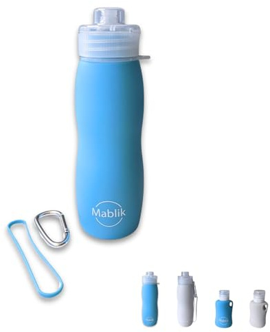 Mablik® Botella Pipi Perros Silicona 450 ml, Color Azul. Botella Pipi Perros Calle, Plegable y Portátil Antigoteo, Resistente, Chorro a Presión. con Mosquetón y Goma Elástica. (Azul 450 ml)