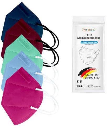 TubeRoo FFP2 Maske Set Farbenfroh mit 5 Farben Dunkelblau Bordeaux Hellblau Pink Hellgrün 10 Stück Masken aus Deutschland, Made in Germany, weiche Ohrschlaufen Bänder, Atemschutzmaske, Mundschutz