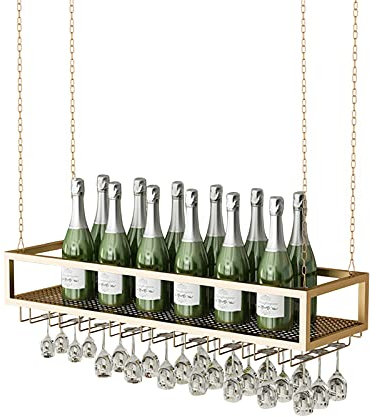 OFCAG Hängendes Weinregal mit Metalleisenkette, modernes goldenes Flaschenregal für die Decke, Bar, Küche, Weinglasregal, Kelch- und Stielglasregal – 60, 80, 100, 120, 140 cm