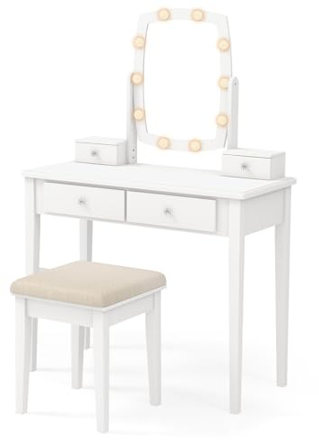 RELAX4LIFE Schminktisch mit Hocker, Kosmetiktisch Set mit 4 Stauraumschubladen, 360° drehbarem Spiegel & LED-Beleuchtung, dimmbare 3-Farben-Modi, Vanity-Schreibtischset für Ankleidezimmer Schlafzimmer