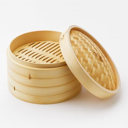 Bamboo Steamer Basket for Dumplings, Dim Sum & Vegetables, Traditional Chinese Steaming Basket with Lid, Natural Bamboo Food Steamer for Rice, Buns, Seafood and Healthy Cooking (1, Natural, 8-inch)