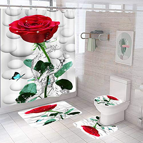 Badezimmerteppich Rose Badteppich rutschfest Waschbar Badgarnitur 3 Teilig – Badematte Set Mit Wc-Vorleger Und Badematte,Teppich Badezimmer Für Sicherheit Und Komfort Im Bad 45X75Cm