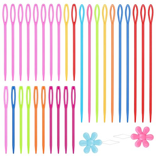 32 Stück Stopfnadeln mit Großem Öhr Kinder, Bunt Nähnadeln mit Blumeneinfädlern, Plastic Nähnadeln-Set, Nähnadeln mit Großem Öhr Wollnadel zum Vernähen für Heimwerker, Nähen, Handarbeiten