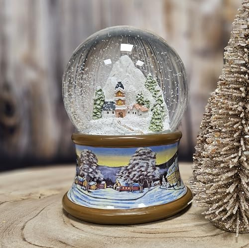 Sfera di neve natalizia con musica, palla di neve Berddorf in inverno, base paesaggio invernale marrone, larghezza 100 mm, altezza 140 mm, carillon meccanico, decorazione natalizia | 20286