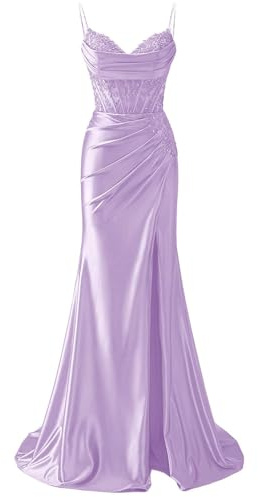 YIANN Spaghetti Strap V Neck Prom Dresses with Lace Applique Slit Lilac Satin Ball Gown Formal Party Dress UK16
