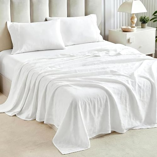 Tokokimo Juego de sábanas de 4 Piezas con Tacto de algodón y Lino Lavado, Ajustable Sábanas Bajera Cama 135x190/200cm con 2 Bolsillos Laterales, Sábana Plana 220x240cm, Fundas de, poliéster, Blanco