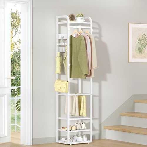 HEXCELEN Garderobenständer, Kleiderständer mit 4 Ablagen und 13 Haken, Aufbewahrungsregal mit Umkehrbaren Ablagen, Garderobe, 30 x 40 x 186 cm, für Schlafzimmer, Wohnzimmer, Flur, Weiß