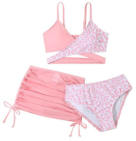 Bikini para niña, traje de baño para niños, traje de baño de 3 piezas para niñas con estampado de leopardo, bikini envolvente, con falda, Rosa., 9-10 años