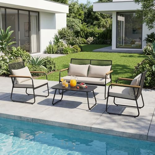 HOMAVO Polyrattan Gartenmöbel Set 3-4 Personen, Gartensofa Set mit Tisch & Kissen, Wetterfest & UV-beständig, Balkonmöbel Sitzgruppe für Terrasse & Garten