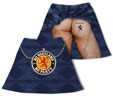 BRITISH MADE GIFTS Novelty Kilt, Navy Blue Tartan Pattern, No Scotland No Party 2026, Polyester with Sporran Badge and Metal Chain Design (Exposed Bottom) (Large)