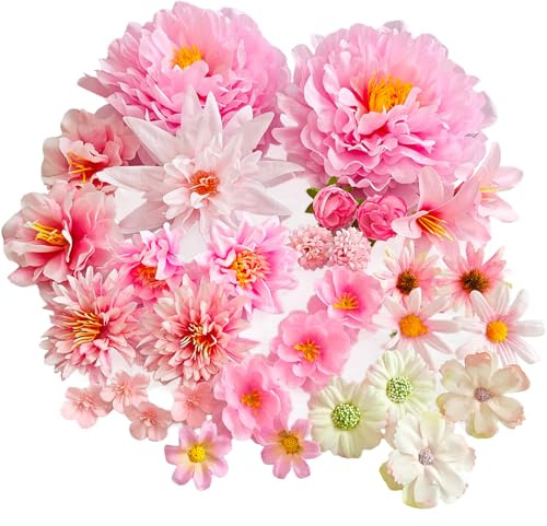 32 Piezas Cabezas de Flores Artificiales, Flores Artificiales Decoracion | Mixtos Floris Falsas Realistas, Decorativa Flore de Simulación por DIY Manualidades de Boda Decoración de Pasteles (Rosa)