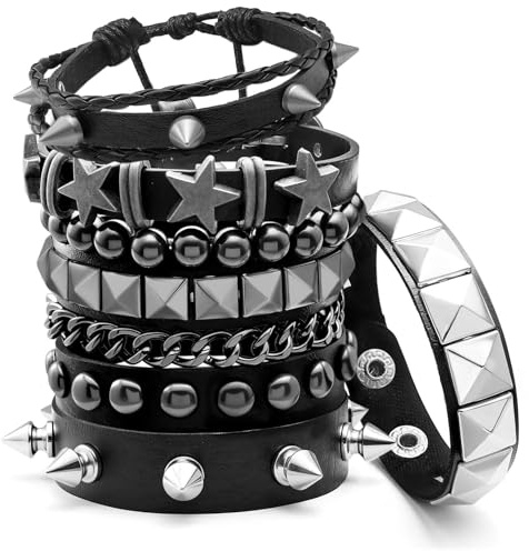 6 pulseras punk con tachuelas ajustables de cuero multicapa con tachuelas y pinchos, accesorios góticos grunge, hip-hop, punk, para hombres y mujeres, ideal para uso diario, Halloween, conciertos