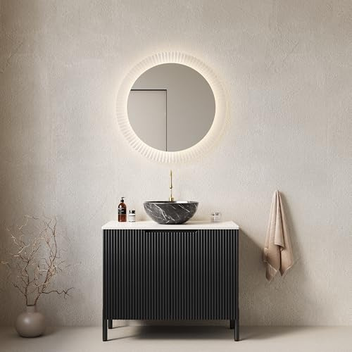 Generisch Tocador de baño independiente de 76 cm con lavabo de cerámica negro, diseño de piedra, encimera de Carrara sinterizado, armario de rayas con puertas dobles y amortiguador de cierre suave