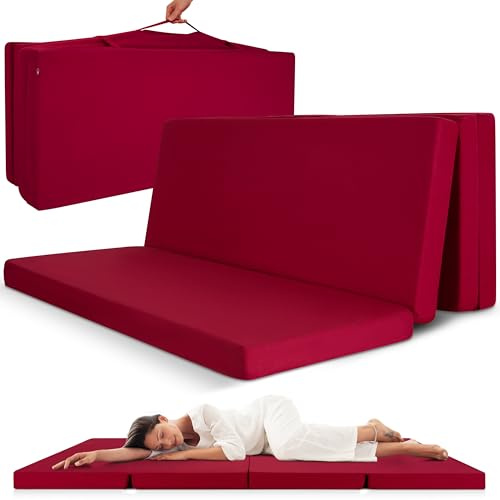 Beautissu Klappmatratze Gästebett klappbar Faltmatratze mit Tragegriff | 120x195cm Dunkelrot faltbare Gästematratze Reisematratze Klappbett Gäste Camping Bodenmatratze Matratze faltbar Campix