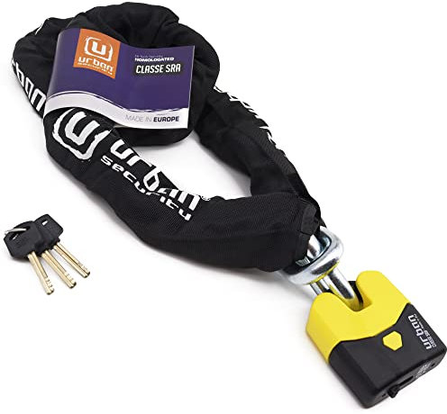 URBAN U8K150 Antifurto Moto, Catena Antitaglio Omologata SRA Massima Sicurezza, Acciaio Cementato ø15mm, Lucchetto Antiscasso, Fodera Tessile, Catenaccio per Ancoraggio Scooter Bici Elettrica, 150cm