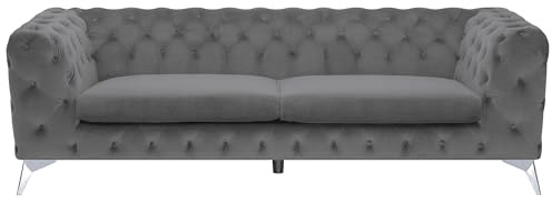 Modern 3-sits Sammet Soffa Knappar Tuftad Chesterfield Lågt Ryggstöd Grå Sotra