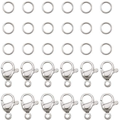 PH PandaHall - Lote de 60 cierres de pinza de langosta de acero inoxidable con 120 anillos de salto abiertos de 7 mm para pulsera, collar, pendientes de creación de joyas