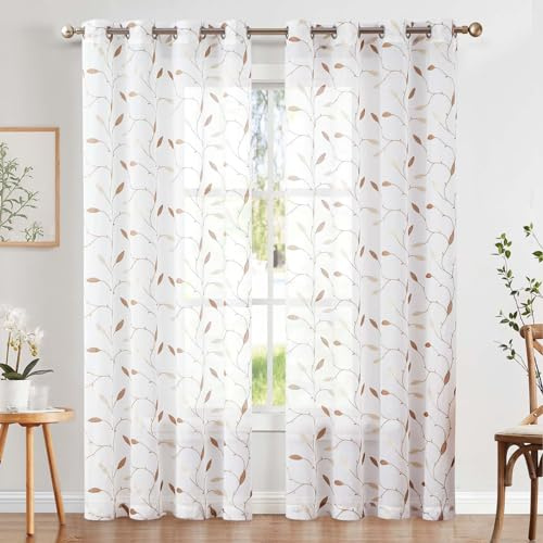 TOPICK Sheer Vorhang Voile Gardinen mit Ösen Blätter Stickerei lichtdurchlässig Ösenschal Gaze Paarig Ösenschals Blatt für Wohnzimmer Schlafzimmer Stores 2er Set Gold auf Weiß H225 x B140 (cm)