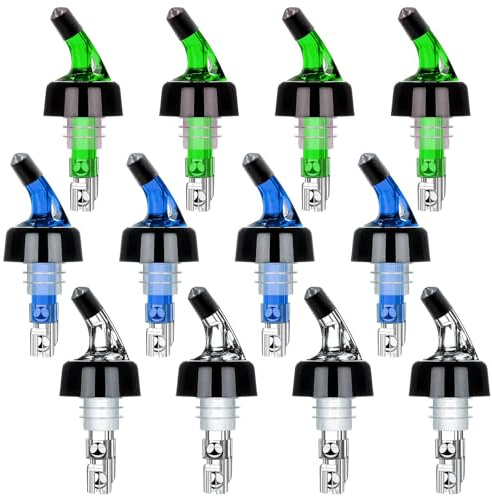 SuproBarware Liquor Bottle Pourers 1oz Set of 12 Measured Bottle Spirits Alcohol Pourers Automatic Measuring Wine Spouts Drink Liquor Measure Pourer for Cocktail Home Bar (4 Clear 4 Green 4 Blue)