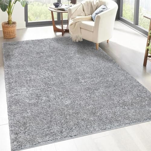 Alfombra Shaggy de pelo largo – 150 x 150 cm cuadrada – gris – Alfombra de salón – monocolor liso moderno – Alfombras suaves y mullidas para decoración del dormitorio