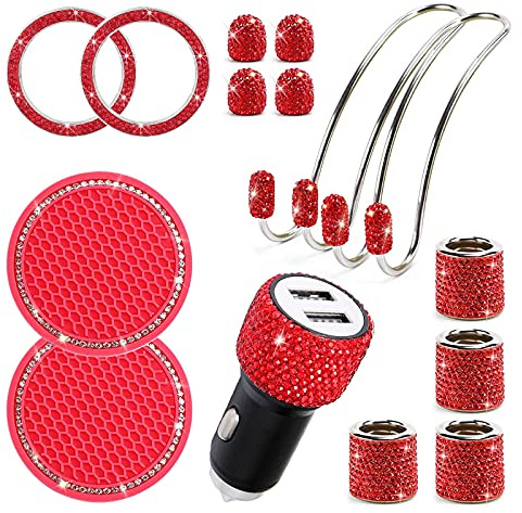 15 Stück Auto Zubehör Innenraum Frauen Glitzer, Auto Accessories Interior Girls, Bling Bling Auto Deko Innenraum Autozubehör, Car Accessories Usb Adapter/Silikon Untersetzer/Kopfstützen Haken Set