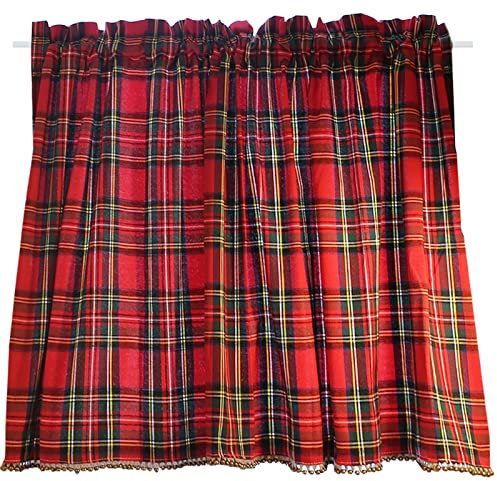 A.Monamour Gardine Scheibengardinen Kurzstores Blickdicht Verdunkelung Retro Kariert Roter Baumwolle Mit Perlenquasten Kurzgardinen Küchengardine Küche Vorhang Fenster Kurz Stores Bistrogardine