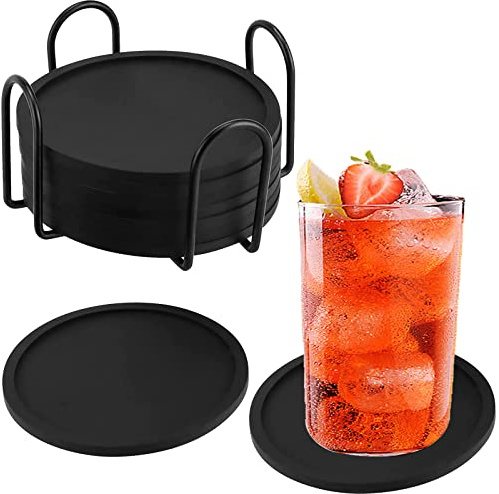 ZEONHEI 8 Stück 10cm Untersetzer Gläser Silikon Schwarz, Anti Rutsch Untersetzer Gläser Silikon Rund Glasuntersetzer mit Halter für Bar, Party, Zuhause, Büro