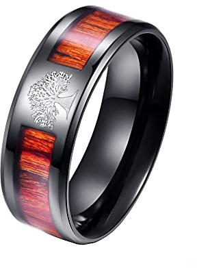 PAMTIER Bague Homme Arbre de Vie 8MM Anneau de Bande en Acier Inoxydable en Bois Incrusté Le Noir Taille 70