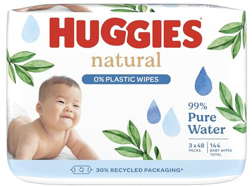 Huggies Toallitas húmedas naturales biodegradables, sensibles, 3 x 48 toallitas húmedas para bebés, paquete grande