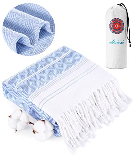 Antfuny Turkish Beach Towels Vacation Essentials Quick Dry Sand Free Soft Absorbent Adult Oversized Bath Pool Swim Long Wide Stripe Towel Sound Cloud Linen Mat Summer Thing Lightweight Thin Blue