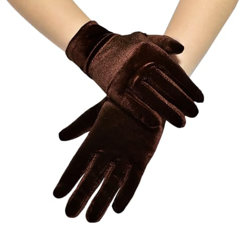 Damen Satin Classic Opera Fest Party Audrey Hepburn Handschuhe - 1920er Stil, Elastisch, Erwachsene Größe, Handgelenklange Kurze Samt, Kostüm, Braun