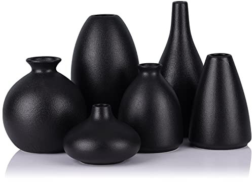 LCCCK Jarrones pequeños de cerámica Negro Mate para decoración,Paquete de 6 jarrones para Flores,para centros de Mesa,jarrones zacate de Las Pampas para decoración,Mesa de Centro,Entrada,estantería