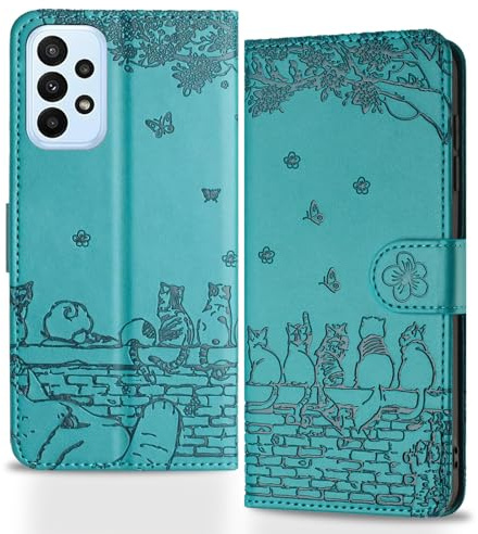 Butnyeoe for Samsung Galaxy A52S Phone Case with Card Holder Strap and Magnetic, Samsung A52 (4G/5G) Flip Case for Women Cute Cats Leather Wallet Cover-Blue Green