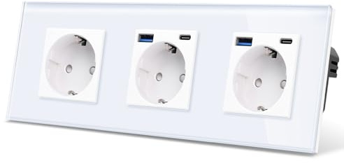 CNBINGO Steckdose mit 2x USB-C/A, 20W Schnellladen, 3-Fach Weiß Glas | Schuko Steckdose Unterputz mit USB-Schnellladung, Wandsteckdose mit Kindersicherung, Horizontal oder Vertikal, Glasrahmen