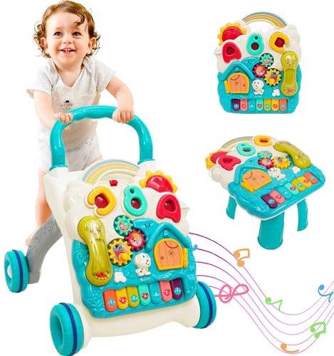 Lauflernwagen Kippsicher Baby Walker Plastik Laufwagen Montessori Lernlaufhilfe Musik Lernlaufwagen Outdoor Spielzeug Lauflernhilfe zum Schieben Stehen Gehhilfe MäDchen Junge ab 4 Monate Kleinkind