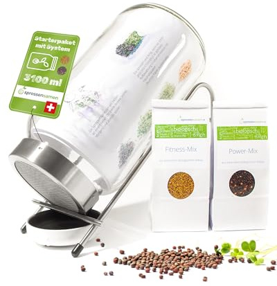 Starterpaket 3100ml mit Fitness-Mix Bio 250g & Power-Mix Bio 250g - Keimglas für Sprossen - inkl. Sprossenglas Deckel, Ständer, Sieb & Unterteller