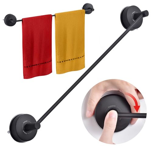 YOHOM Stainless Steel Suction Towel & Hand Towel Holder - 55 CM, Suction Cup, Single Shower & Tea Towel Rack - Black