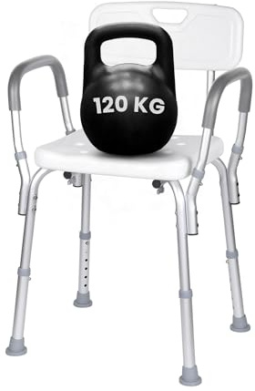 Ortopal Sedia da Doccia per Anziani, Altezza Regolabile 41–53 cm, Struttura in Alluminio, Schienale e Braccioli Estraibili, Puntali Antiscivolo – Peso Massimo 120 kg - Dimensione Seduta 40x33cm