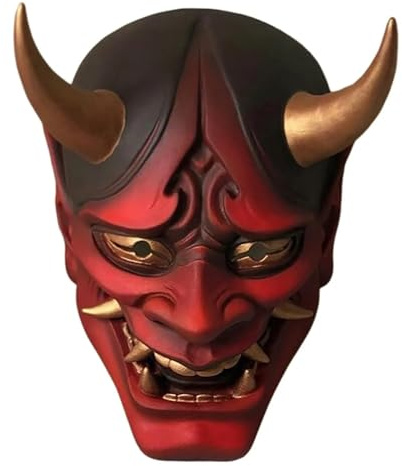 HTLNUZD Full Face Mask Halloween Latex Mask Cosplay Japanese for PrajnaHeadgear Samurai Evil KabukiHannya Party Mask Decorate (Red-1)