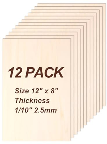 Philorn Fogli di legno di tiglio, 30,5 x 20,3 x 0,3 cm, confezione da 12 fogli di compensato da 2,5 mm non finiti per taglio e incisione laser, artigianato, modelli architettonici, combustione del
