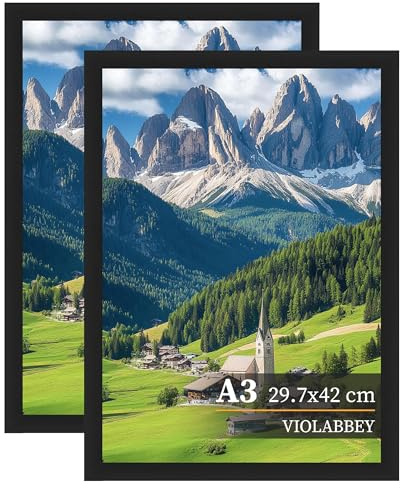 VIOLABBEY Bilderrahmen A3 Schwarz 2er Pack, A3 Foto Rahmen 29.7 x 42 cm | Bilderrahmen Din A3,Geeignet für Zertifikate, Urkunde, Kunstwerke und Fotos,für horizontale oder vertikale Wandmontage